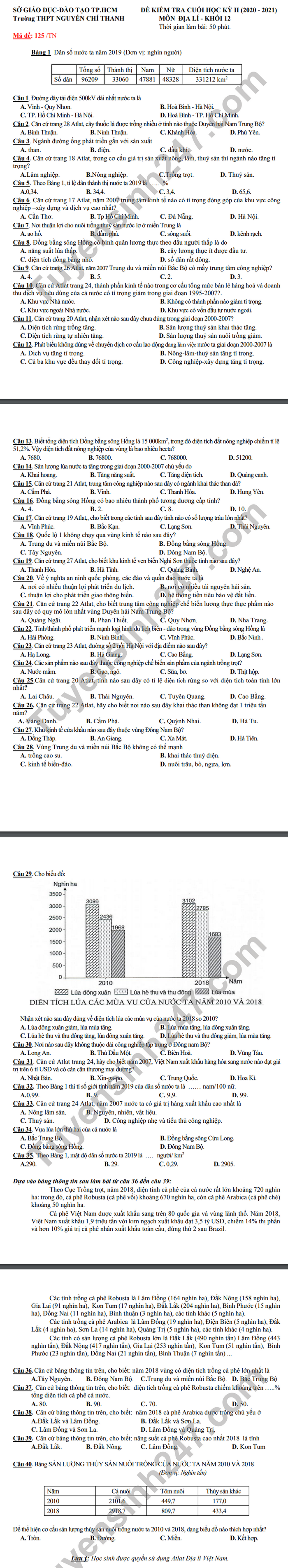De thi hoc ki 2 mon Dia lop 12 THPT Nguyen Chi Thanh 2021- co dap an