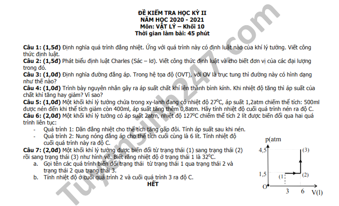 De thi hoc ki 2 THPT Luong Van Can nam 2021 mon Ly lop 10
