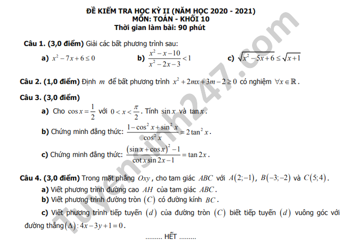 De thi hoc ki 2 mon Toan lop 10 THPT Luong Van Can nam 2021