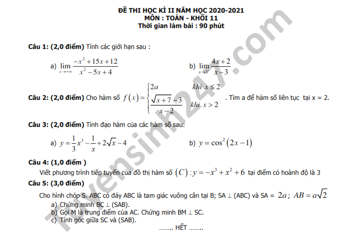 De thi hoc ki 2 nam 2021 THPT Luong Van Can mon Toan lop 11