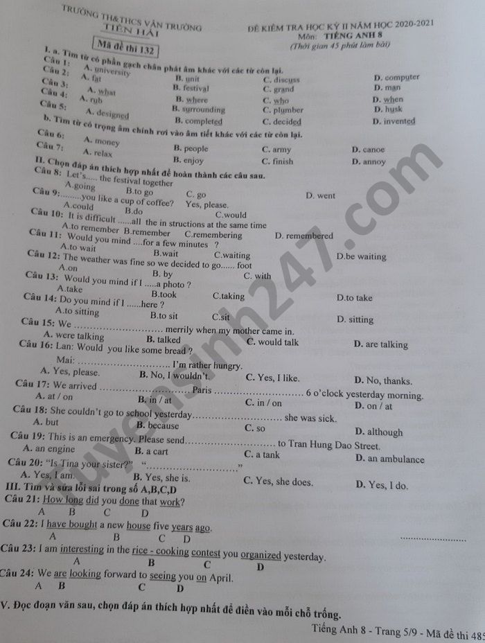 De thi hoc ki 2 mon Anh lop 8 TH-THCS Van Truong nam 2021