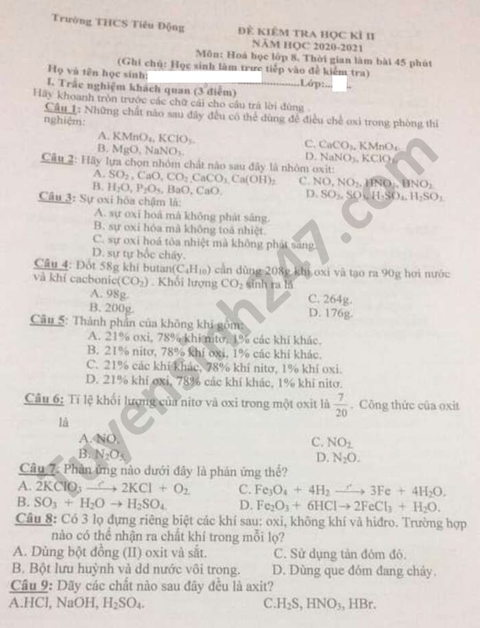 De thi hoc ki 2 nam 2021 THCS Tieu Dong mon Hoa lop 8