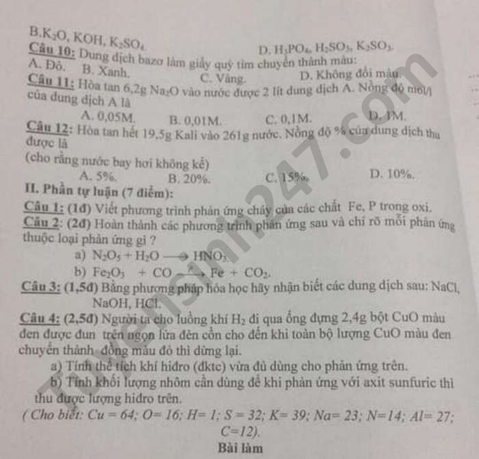 De thi hoc ki 2 nam 2021 THCS Tieu Dong mon Hoa lop 8