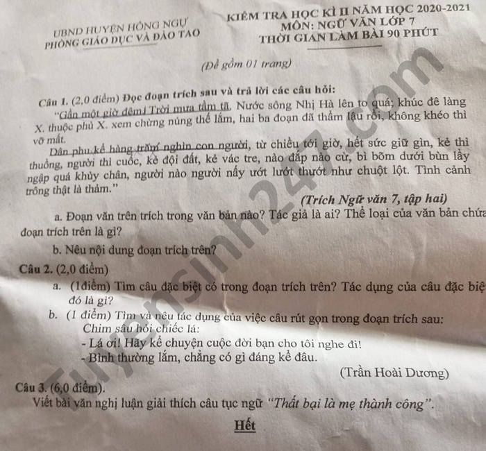 De thi hoc ki 2 nam 2021 mon Van lop 7 huyen Hong Ngu