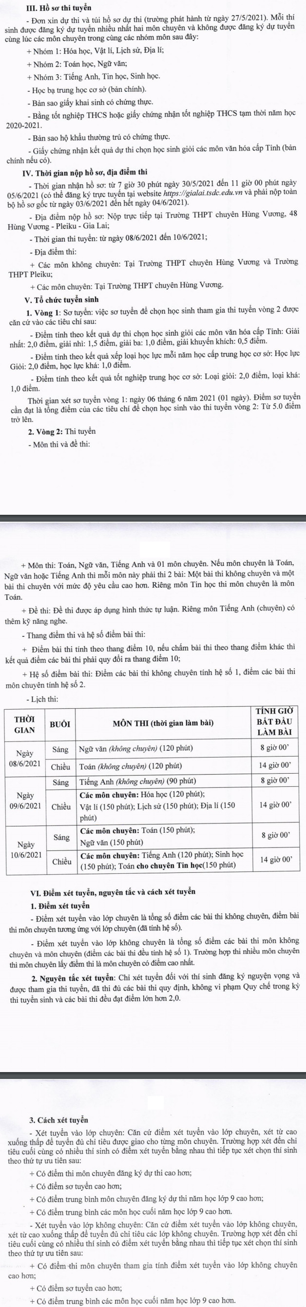 Lich thi vao lop 10 Chuyen Hung Vuong - Gia Lai 2021