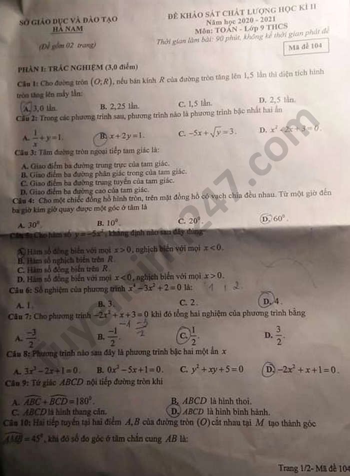 De thi hoc ki 2 nam 2021 mon Toan lop 9 So GD Ha Nam