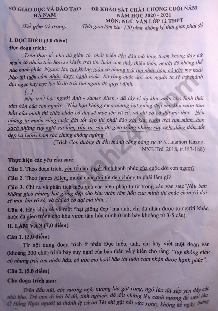 De thi hoc ki 2 mon Van lop 12 Tinh Ha Nam nam 2021