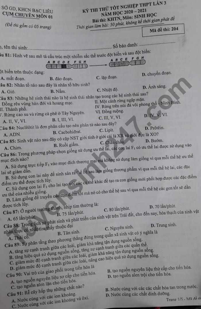 De thi thu tot nghiep THPT mon Sinh 2021 Cum chuyen mon 01 - Bac Lieu lan 3