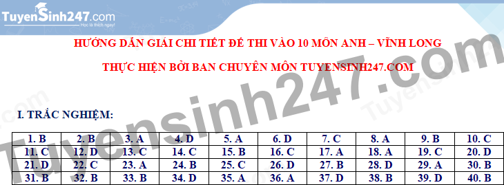 Dap an de thi vao lop 10 nam 2021 mon Anh tinh Vinh Long