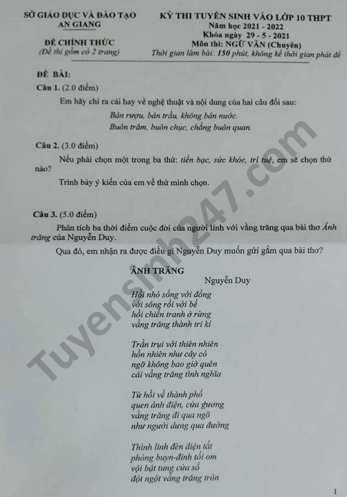 Dap an de thi vao lop 10 mon Van Chuyen tinh An Giang nam 2021