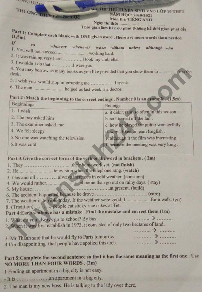 De thi thu vao lop 10 mon Anh 2021 THCS Phuoc Loc