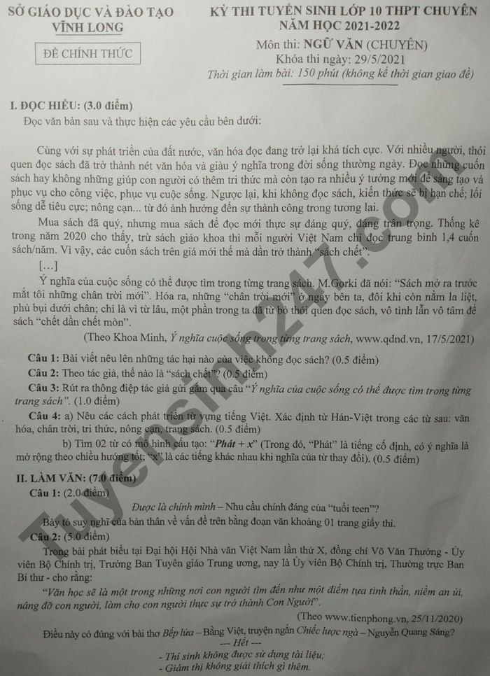 Dap an de thi vao lop 10 mon Van chuyen tinh Vinh Long 2021