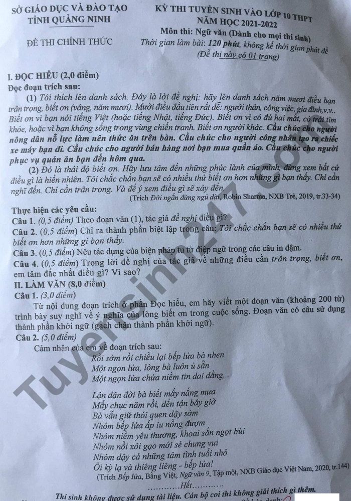 Dap an de thi mon Van vao lop 10 - Quang Ninh 2021