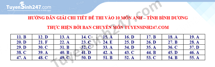 Dap an de thi vao lop 10 mon Anh tinh Binh Duong 2021