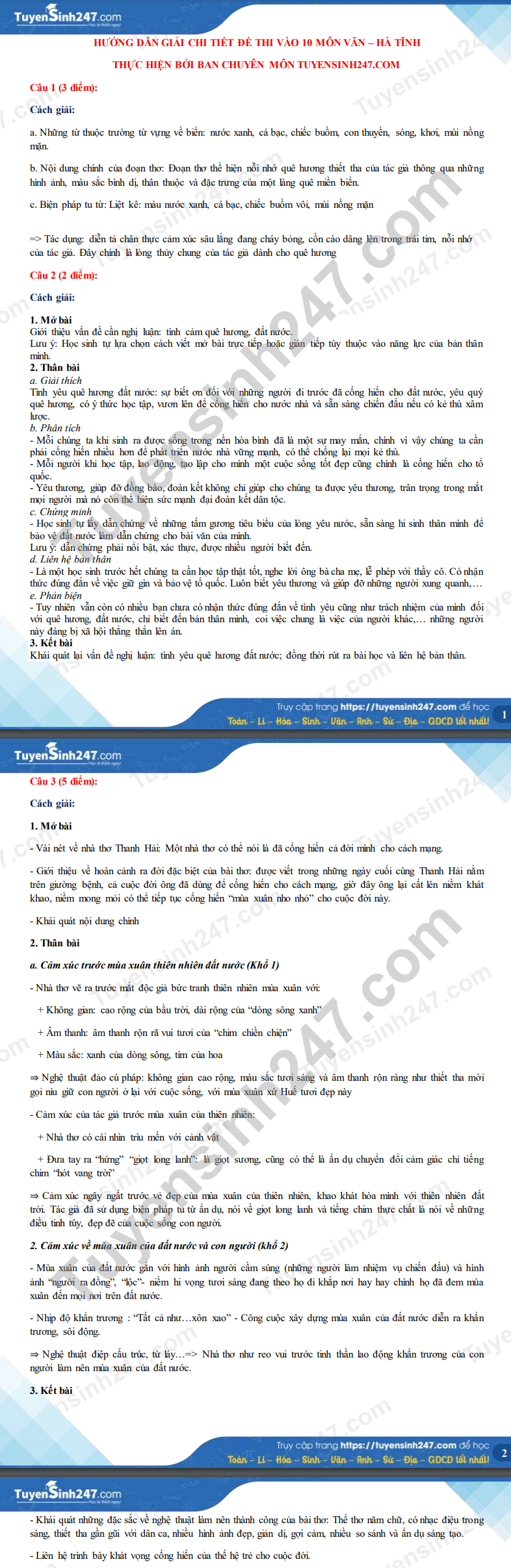 Dap an de thi vao lop 10 mon Van - tinh Ha Tinh 2021