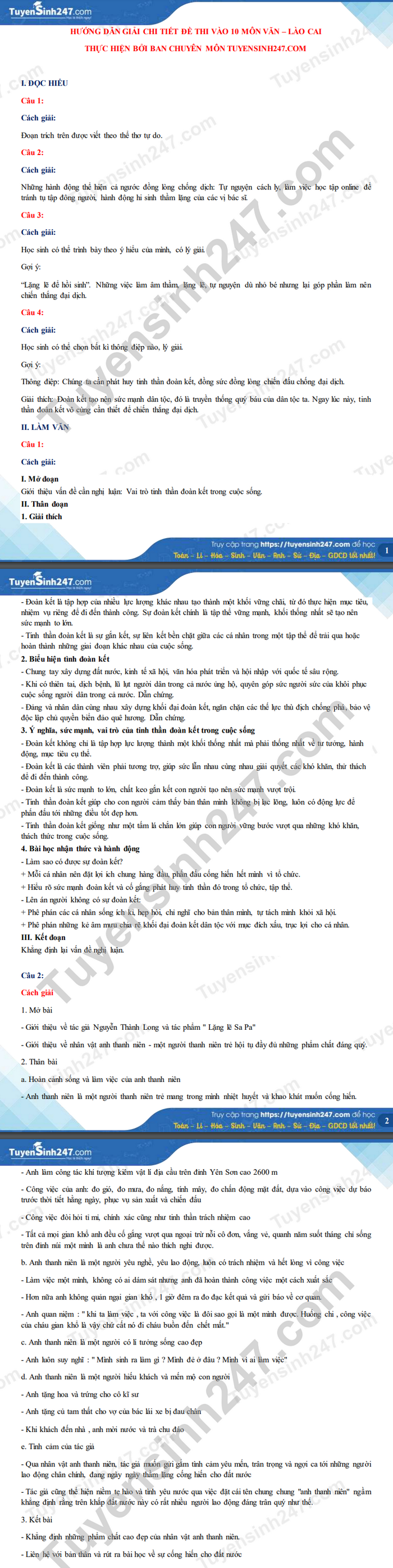 Dap an de thi mon Van vao lop 10 - tinh Lao Cai 2021