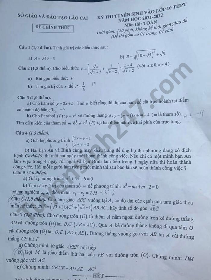 Dap an de thi vao lop 10 mon Toan - Lao Cai 2021