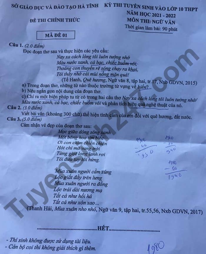 Dap an de thi vao lop 10 mon Van - tinh Ha Tinh 2021