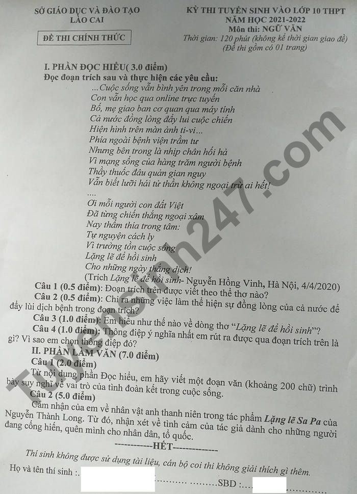 Dap an de thi mon Van vao lop 10 - tinh Lao Cai 2021