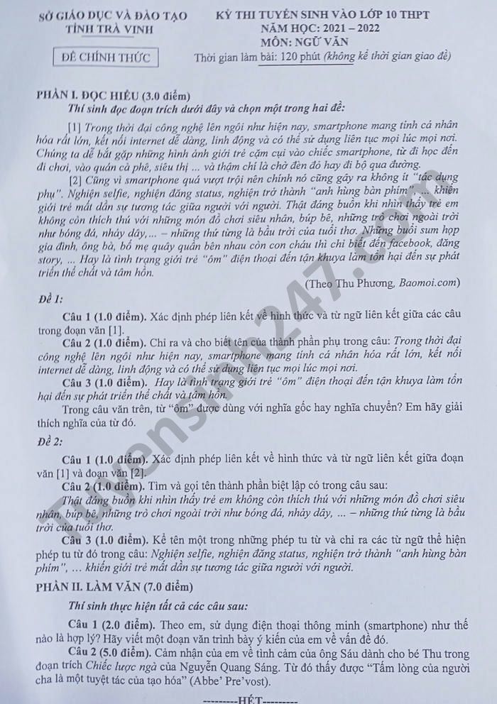 Dap an de thi vao lop 10 nam 2021 mon Van - tinh Tra Vinh