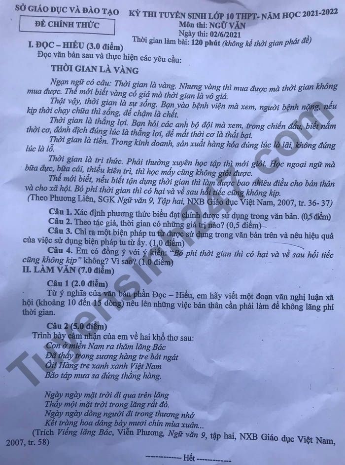 Dap an de thi vao lop 10 tinh Binh Duong mon Van 2021