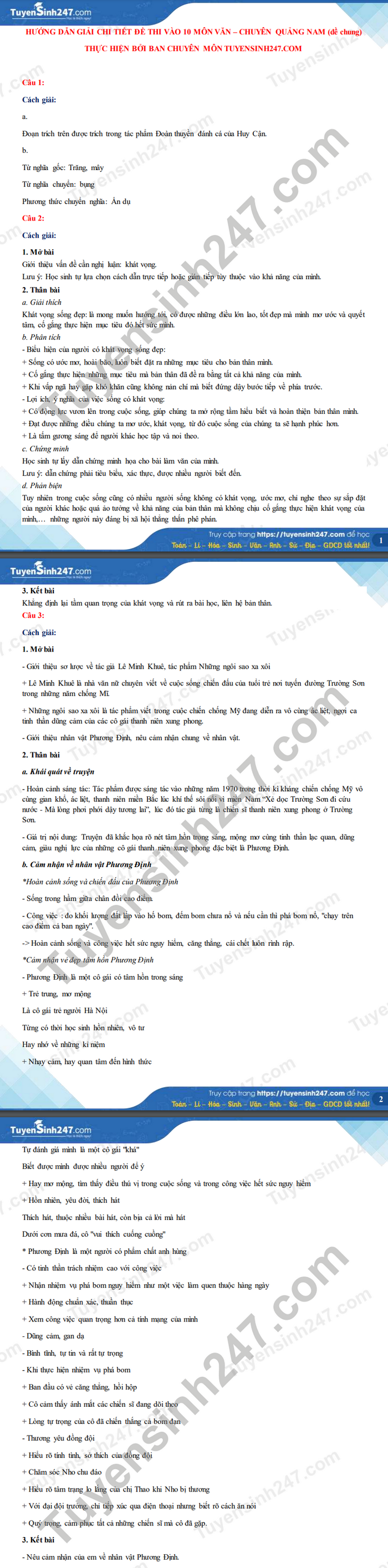 Dap an de thi vao lop 10 THPT chuyen 2021 - tinh Quang Nam mon Van
