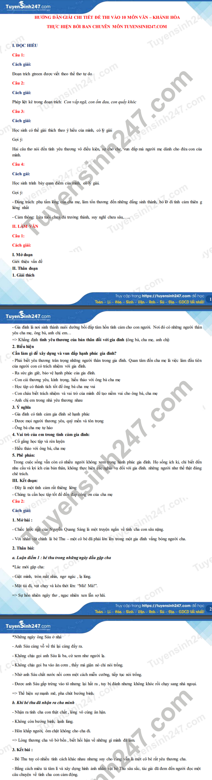 Dap an de thi mon Van vao lop 10 tinh Khanh Hoa 2021