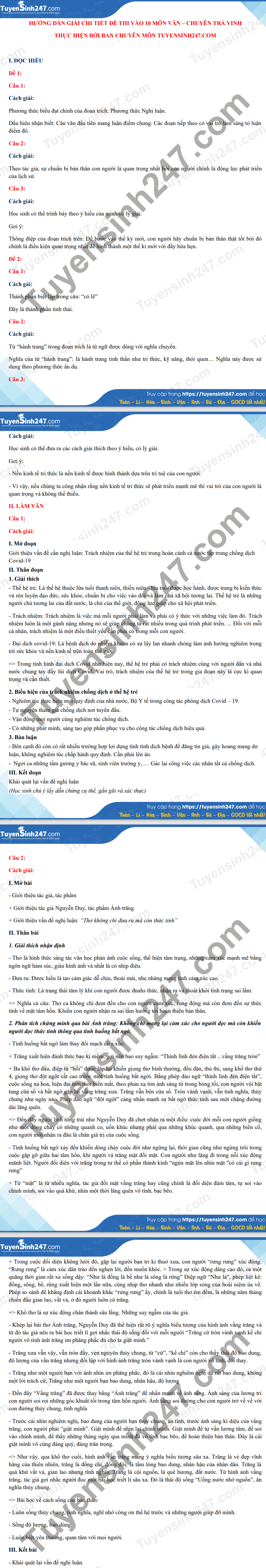 Dap an de thi mon Van chuyen vao lop 10 - tinh Tra Vinh 2021