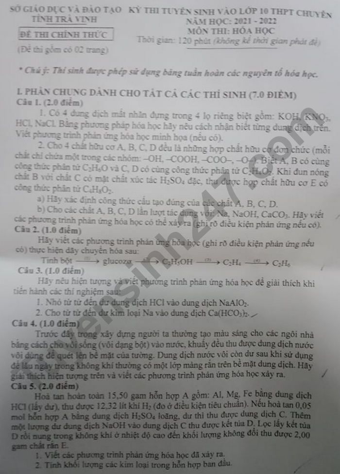 Dap an de thi vao lop 10 mon Hoa chuyen - tinh Tra Vinh 2021