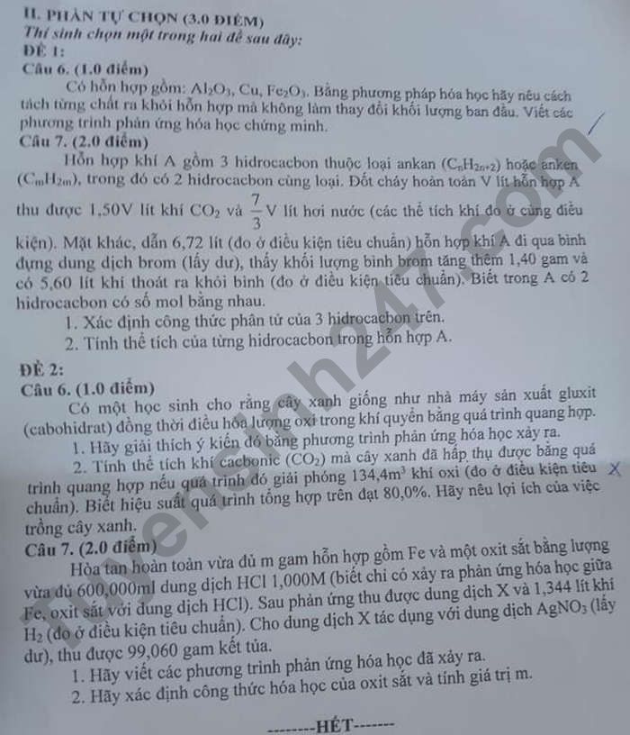 Dap an de thi vao lop 10 mon Hoa chuyen - tinh Tra Vinh 2021