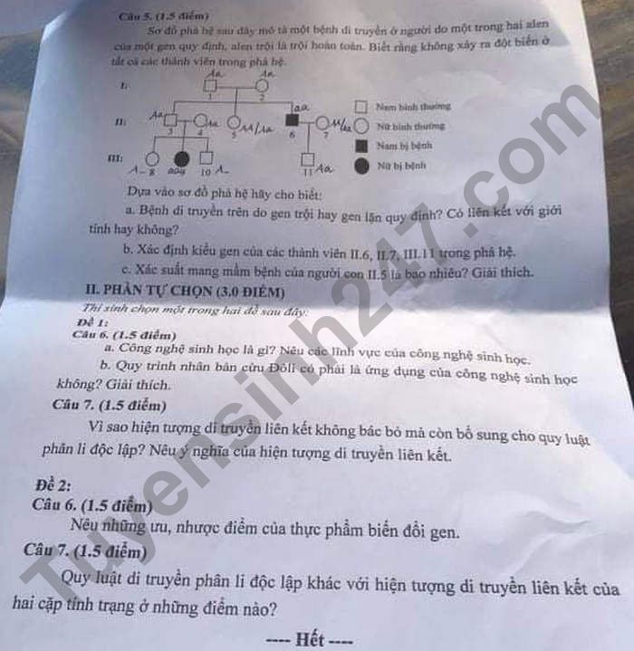 De thi vao lop 10 tinh Tra Vinh mon Sinh chuyen 2021