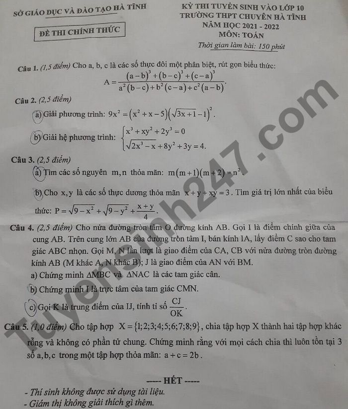 Dap an de thi vao lop 10 tinh Ha Tinh - mon Toan chuyen 2021
