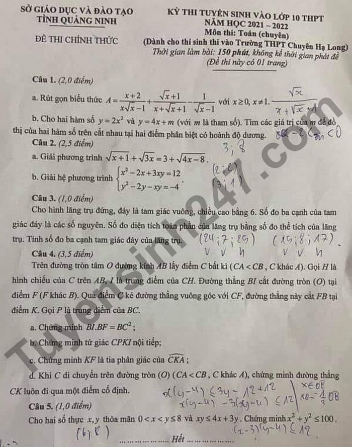 Dap an de thi vao lop 10 mon Toan chuyen 2021 - Quang Ninh