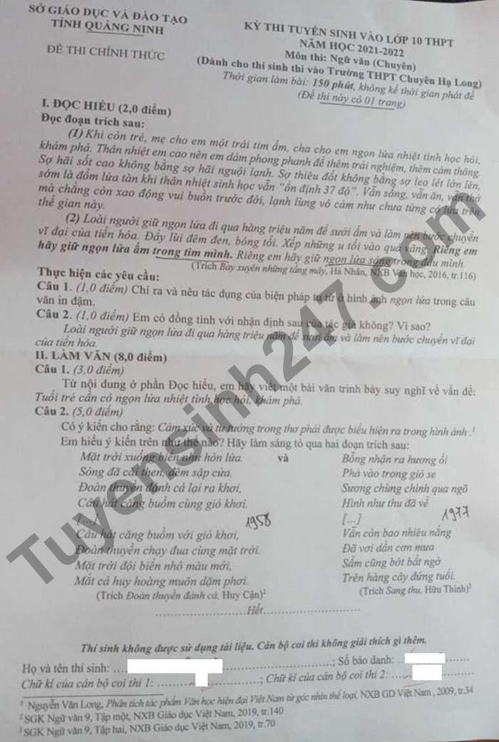 Dap an de thi vao lop 10 tinh Quang Ninh - mon Van chuyen 2021