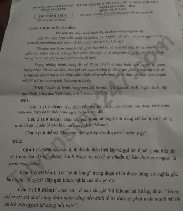 Dap an de thi mon Van chuyen vao lop 10 - tinh Tra Vinh 2021