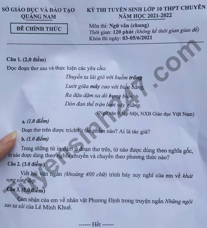 Dap an de thi vao lop 10 THPT chuyen 2021 - tinh Quang Nam mon Van