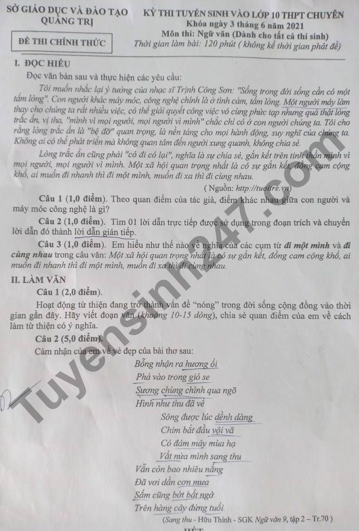 Dap an de thi vao lop 10 THPT chuyen mon Van - Quang Tri 2021