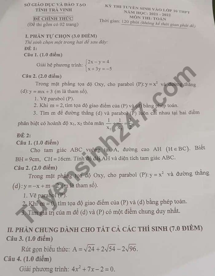 Dap an de thi vao lop 10 mon Toan - Tra Vinh nam 2021