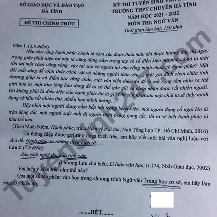 Dap an de thi vao lop 10 mon Van chuyen - tinh Ha Tinh 2021