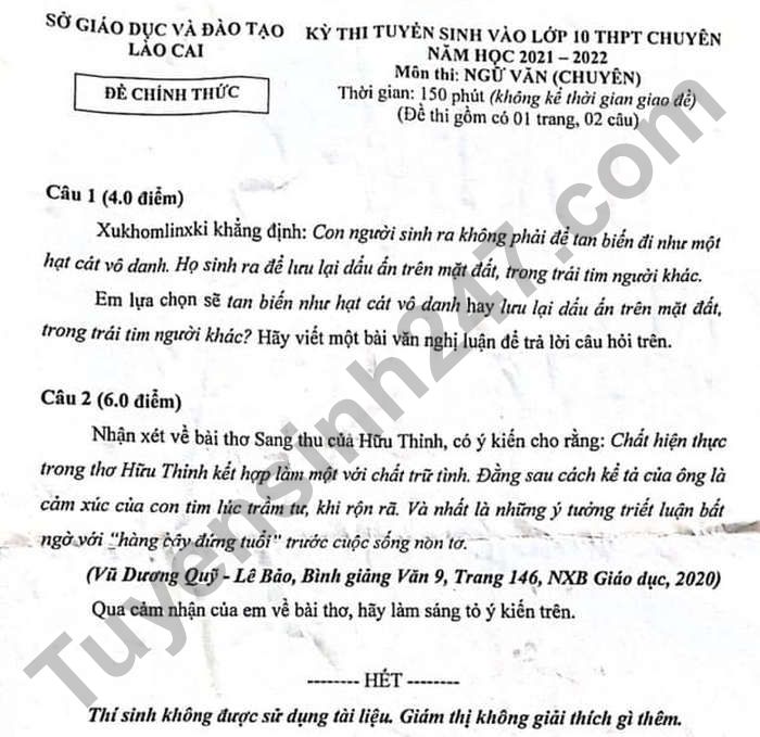 Dap an de thi vao lop 10 mon Van chuyen - Lao Cai nam 2021