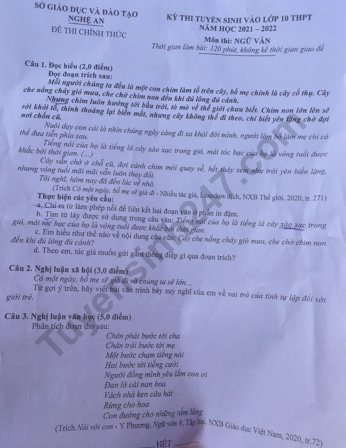 Dap an de thi vao lop 10 mon Van - Nghe An 2021