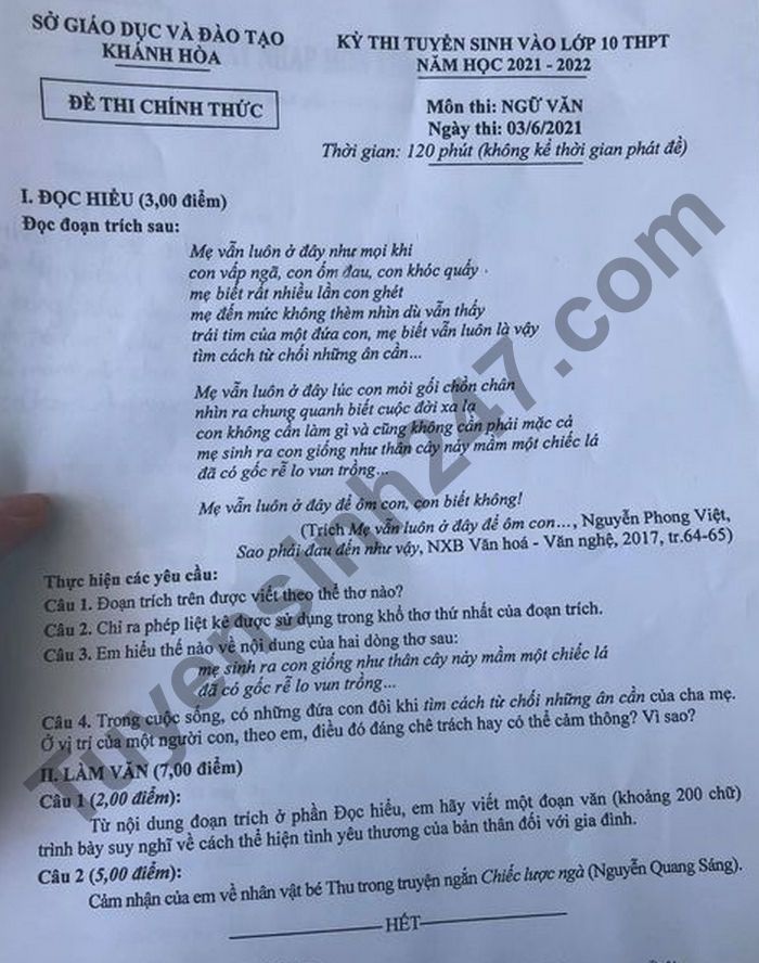 Dap an de thi mon Van vao lop 10 tinh Khanh Hoa 2021