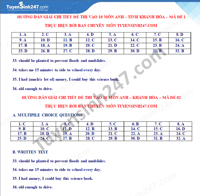 Dap an de thi mon Anh vao lop 10 nam 2021 - Khanh Hoa