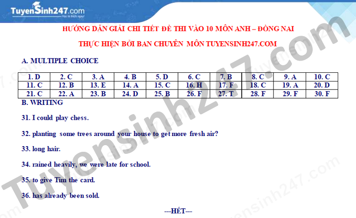 Dap an de thi vao lop 10 tinh Dong Nai mon Anh 2021