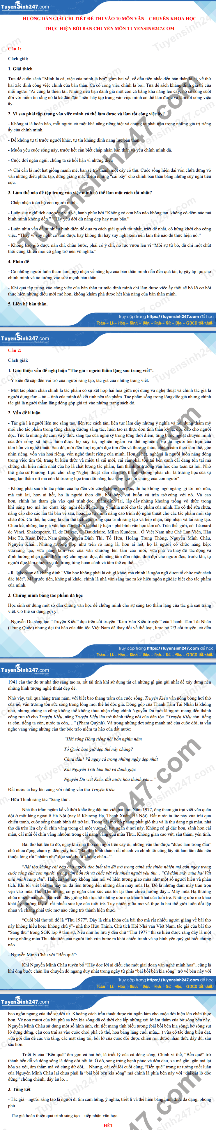 Dap an de thi vao lop 10 THPT Chuyen DH Khoa hoc - mon Van chuyen 2021