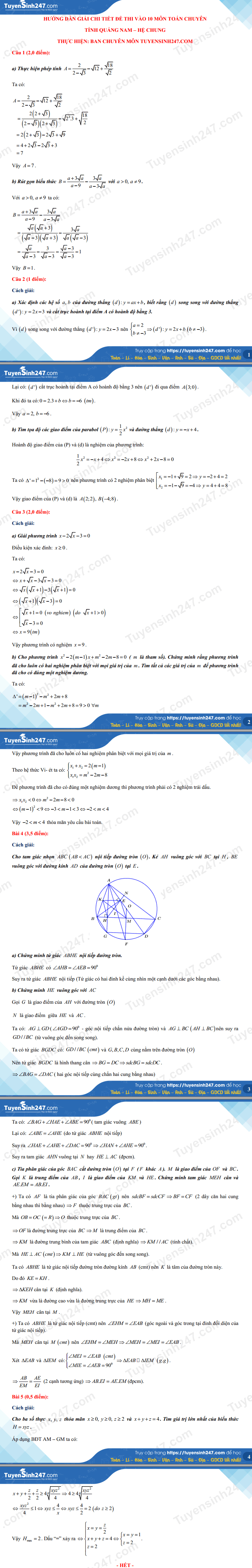 Dap an de thi vao lop 10 THPT chuyen mon Toan - Quang Nam 2021