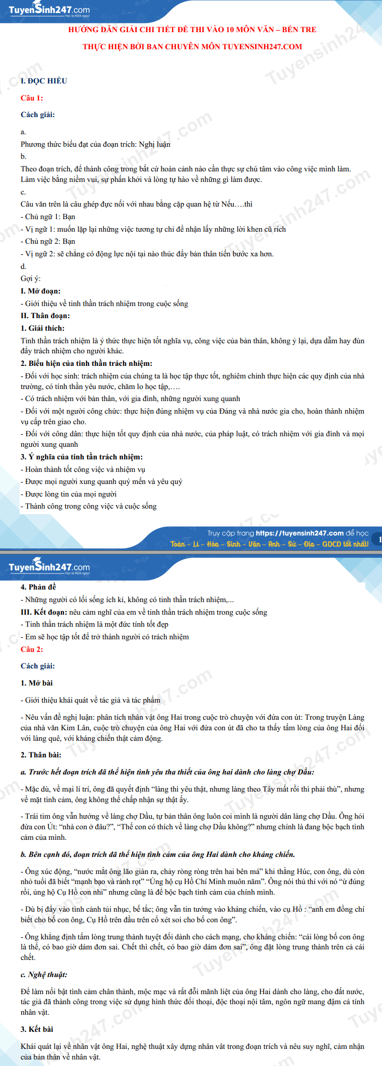 Dap an de thi vao lop 10 mon Van 2021 tinh Ben Tre