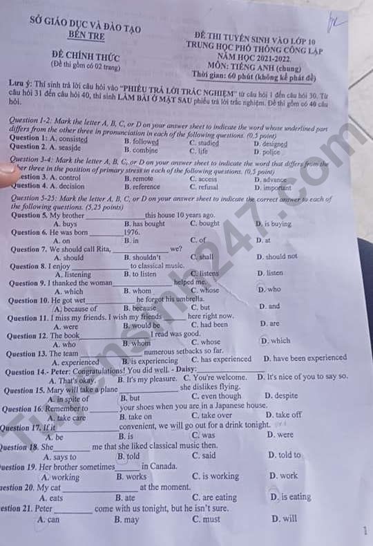 Dap an de thi mon Anh vao lop 10 tinh Ben Tre nam 2021