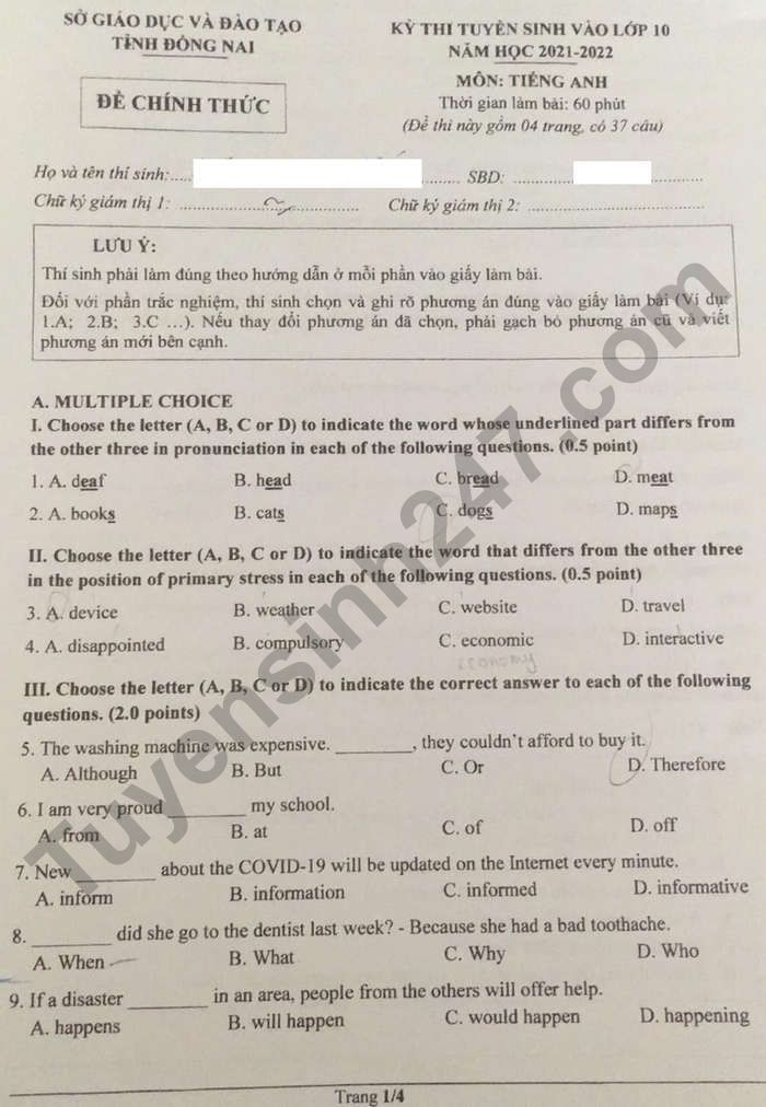 Dap an de thi vao lop 10 tinh Dong Nai mon Anh 2021