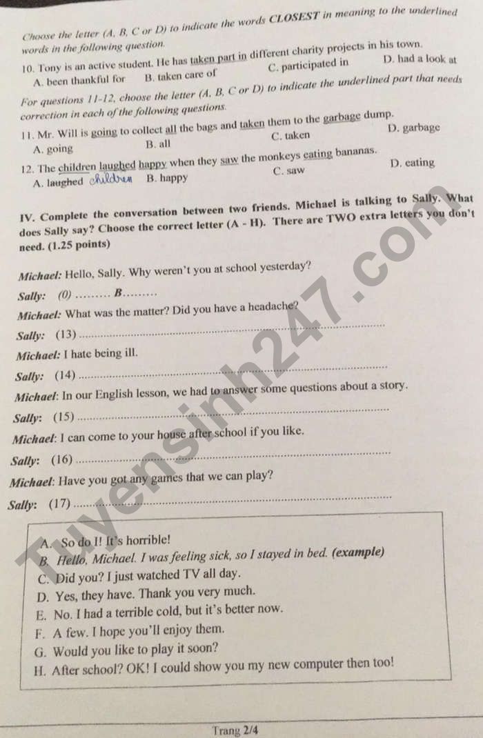 Dap an de thi vao lop 10 tinh Dong Nai mon Anh 2021